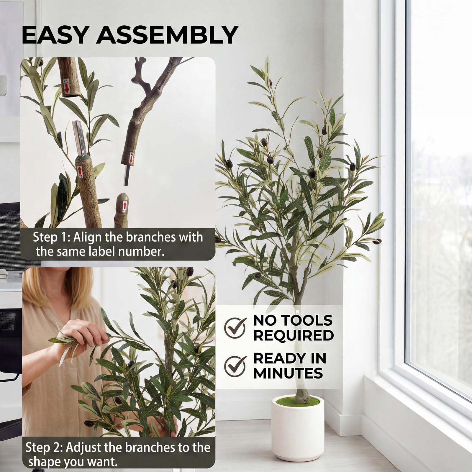 Factory Wholesale 3FT Artificial Olive Tree, Indoor Faux Olive Tree with Pot and Large Olive Branches - Image 5