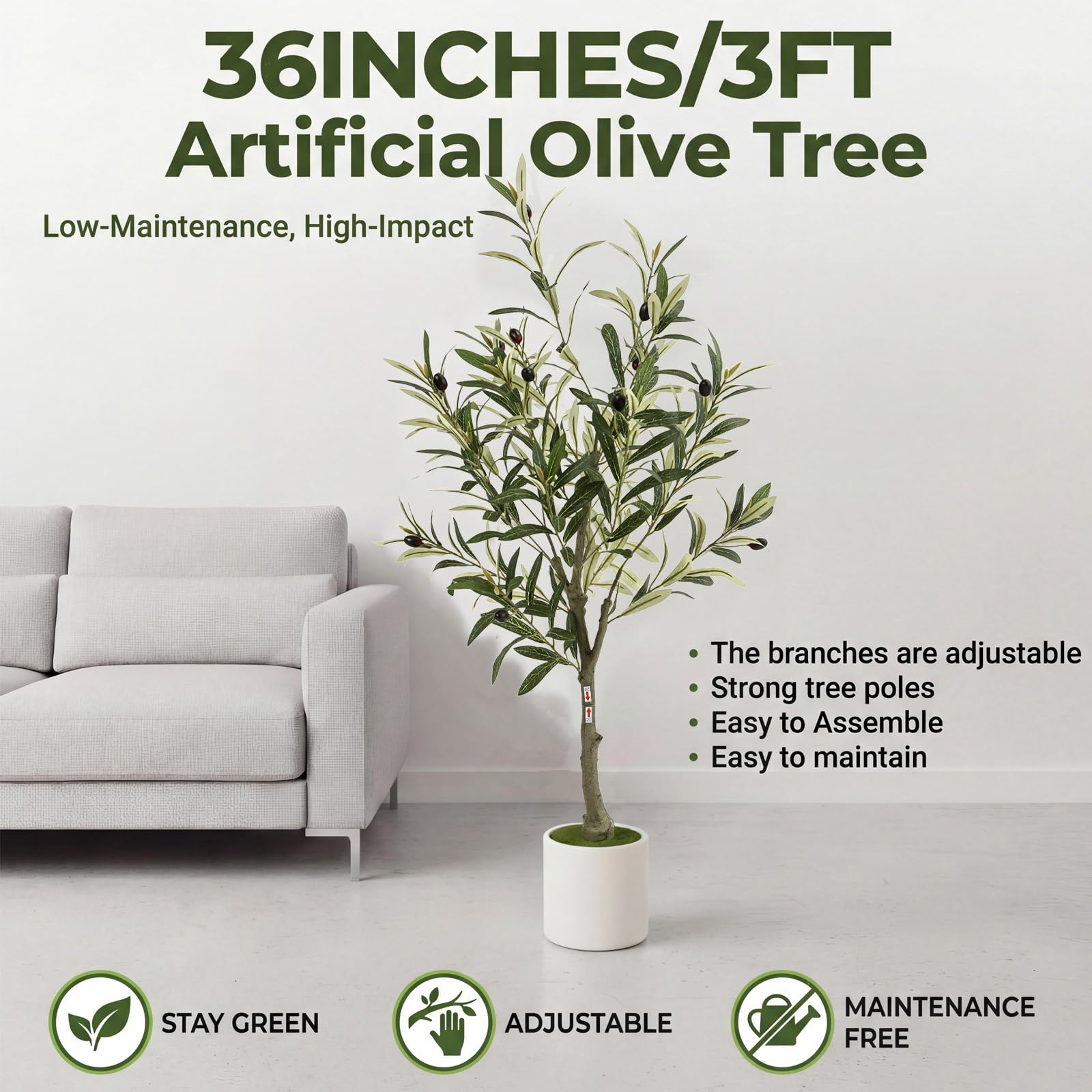 Factory Wholesale 3FT Artificial Olive Tree, Indoor Faux Olive Tree with Pot and Large Olive Branches - Image 3