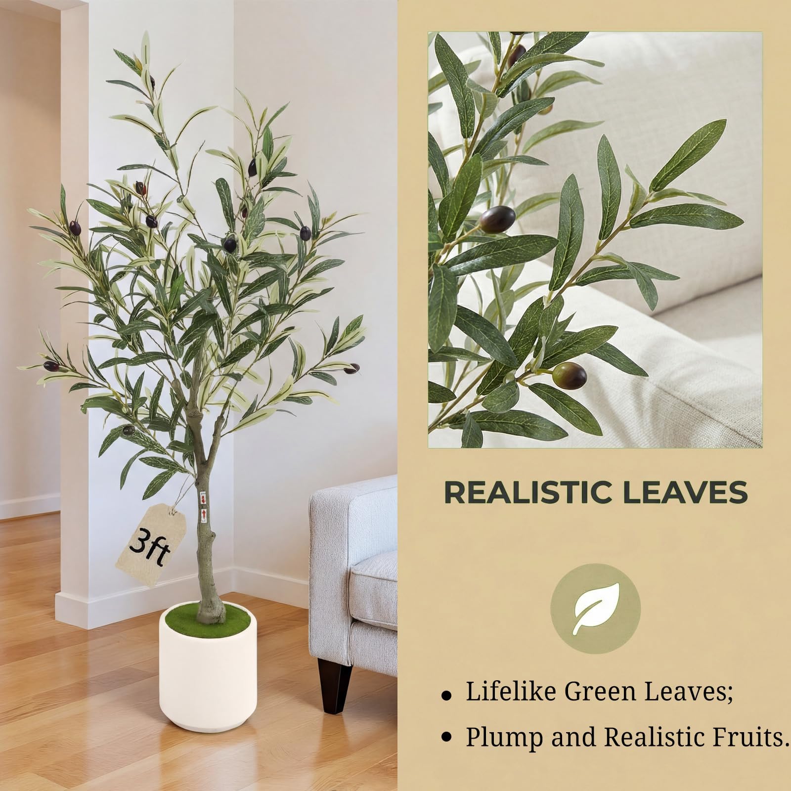 Factory Wholesale 3FT Artificial Olive Tree, Indoor Faux Olive Tree with Pot and Large Olive Branches - Image 4
