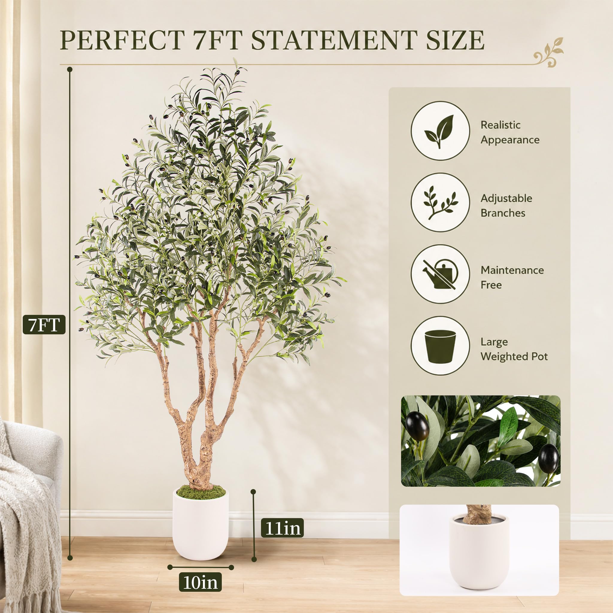 Custom Design 7FT Artificial Olive Tree with White Tall Planter, Large Faux Olive Tree with Thick Trunk - Image 2