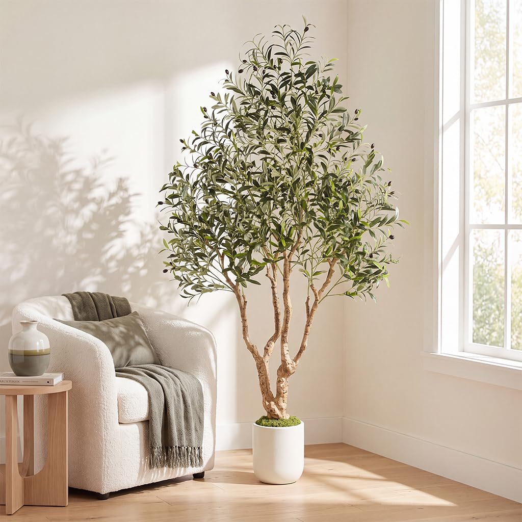 Custom Design 7FT Artificial Olive Tree with White Tall Planter, Large Faux Olive Tree with Thick Trunk - Image 6