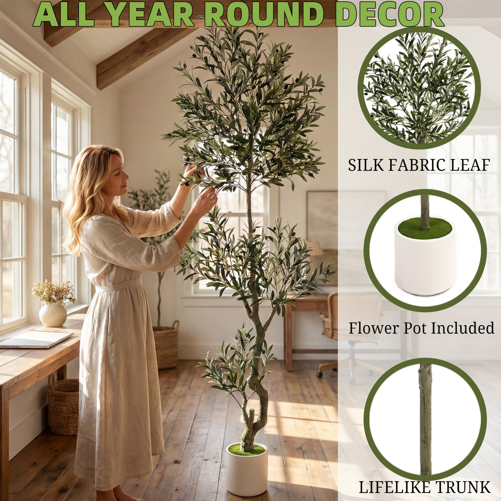 Factory Supply 8ft Spherical Fake Olive Tree Artificial Indoor,Faux Olive Tree with Pot,Large Olive Branches and Lifes - Image 6