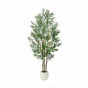 Olive Tree 6FT Tall Artificial Plants Indoor Outdoor, Artificial Olive with White Pot Realistic Fruits Trunks Leaves