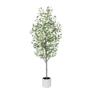 China Wholesale Olive Tree Artificial Indoor, 5ft Tall Silk Faux Olive Tree with White Planter, Artificial Plants with Natural Wood Trunk