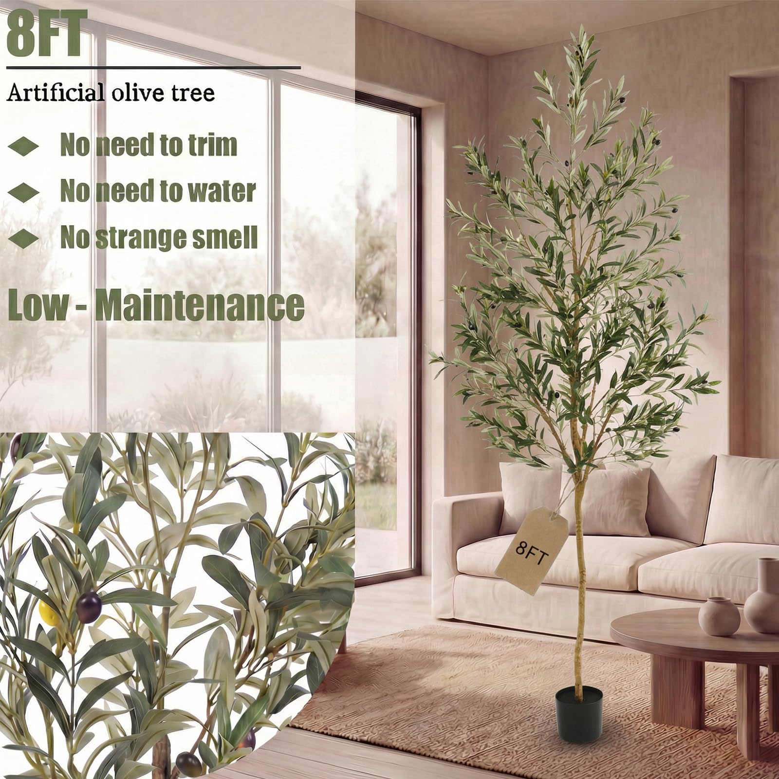 Factory Direct Supply 8FT Olive Trees Artificial Indoor,Fake Olive Tree with Natural Wood Trunk and Olive Branches and Life - Image 4