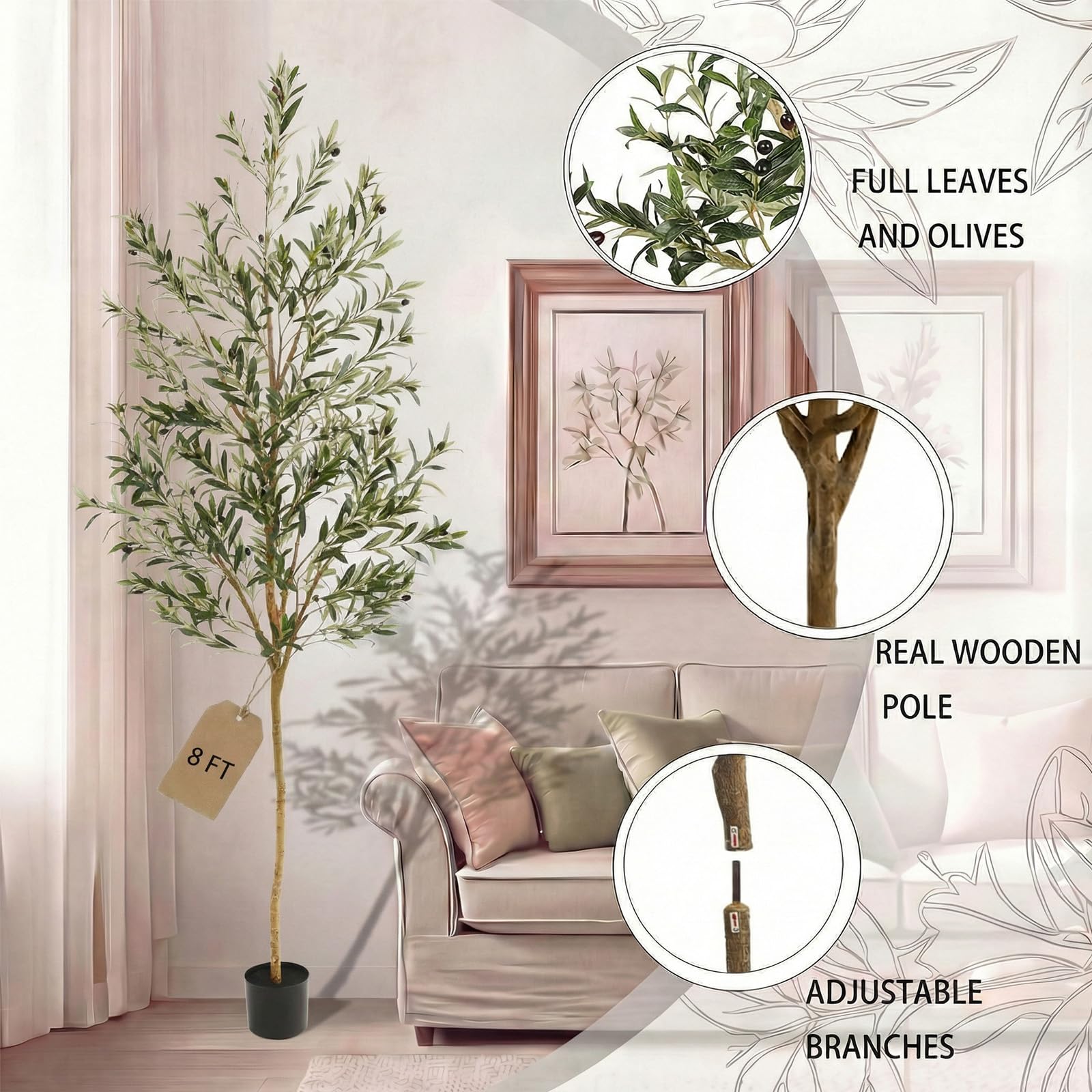 Factory Direct Supply 8FT Olive Trees Artificial Indoor,Fake Olive Tree with Natural Wood Trunk and Olive Branches and Life - Image 5