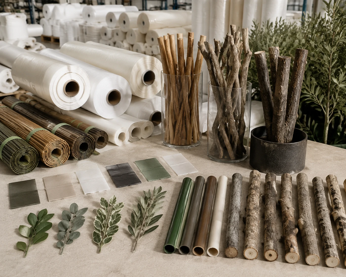 Artificial plant material options including leaves, trunks, and durable components for custom projects