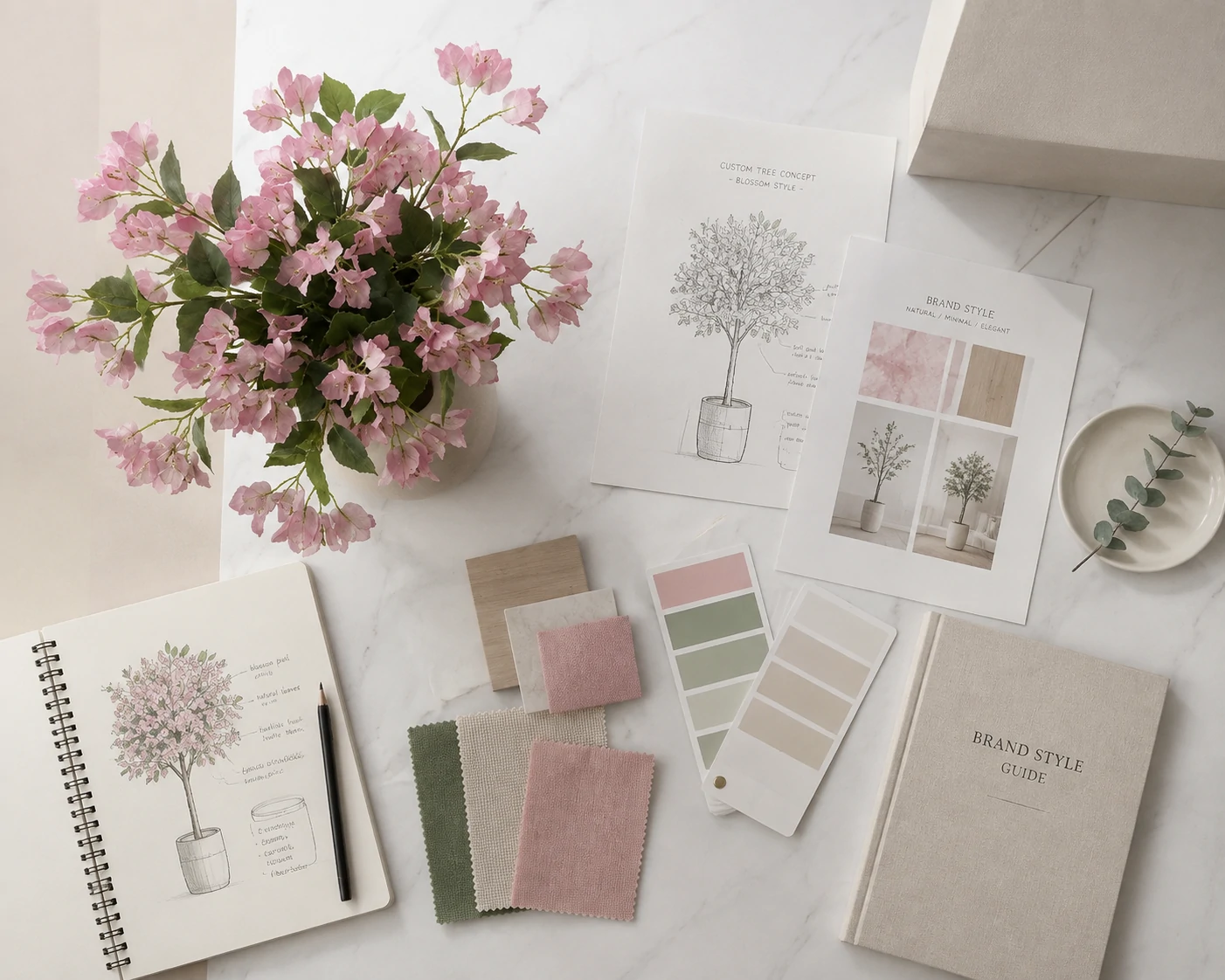 Custom artificial plant brand development service with design concepts and material styling boards