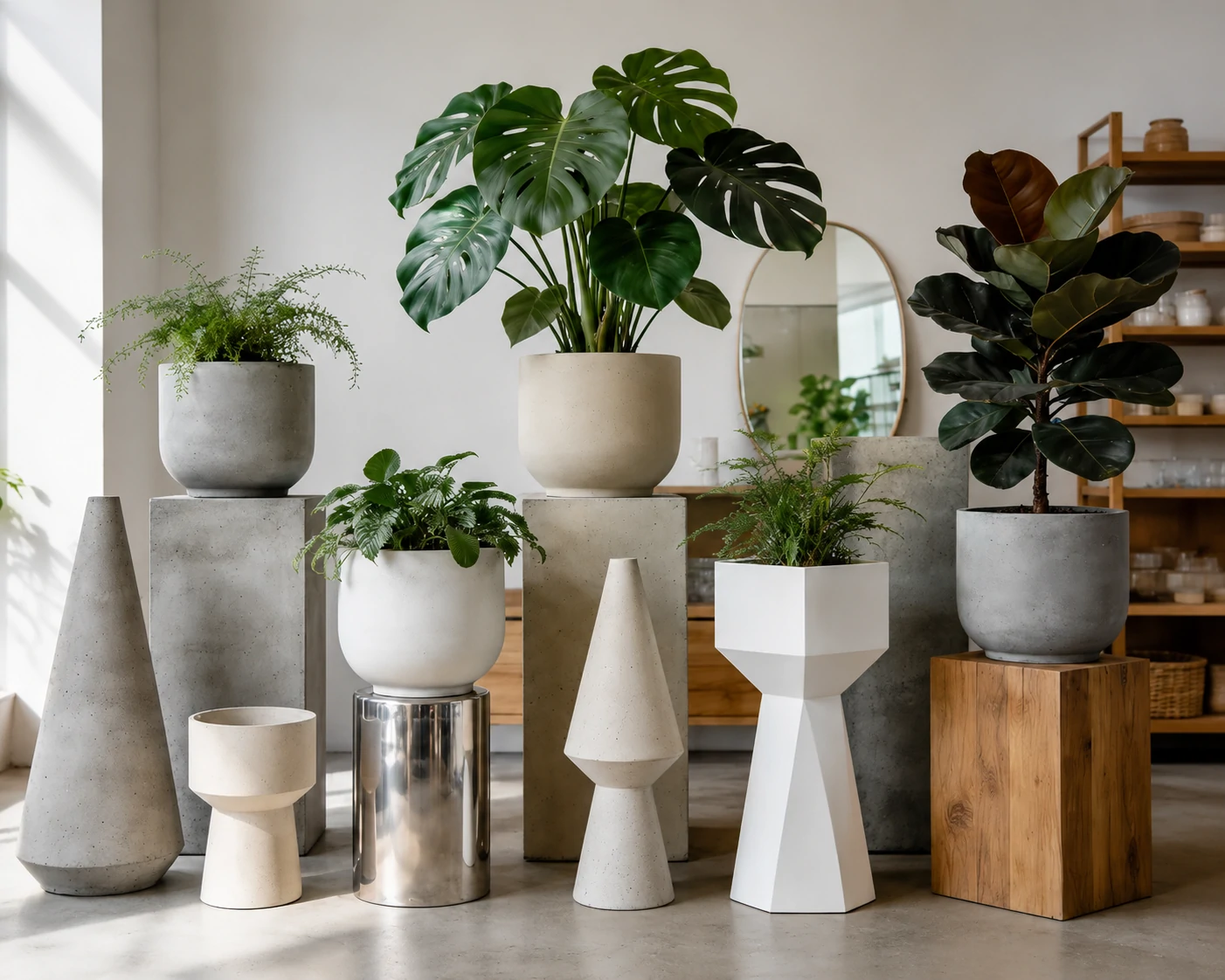 Custom artificial plant planter solutions with decorative pots for interior projects
