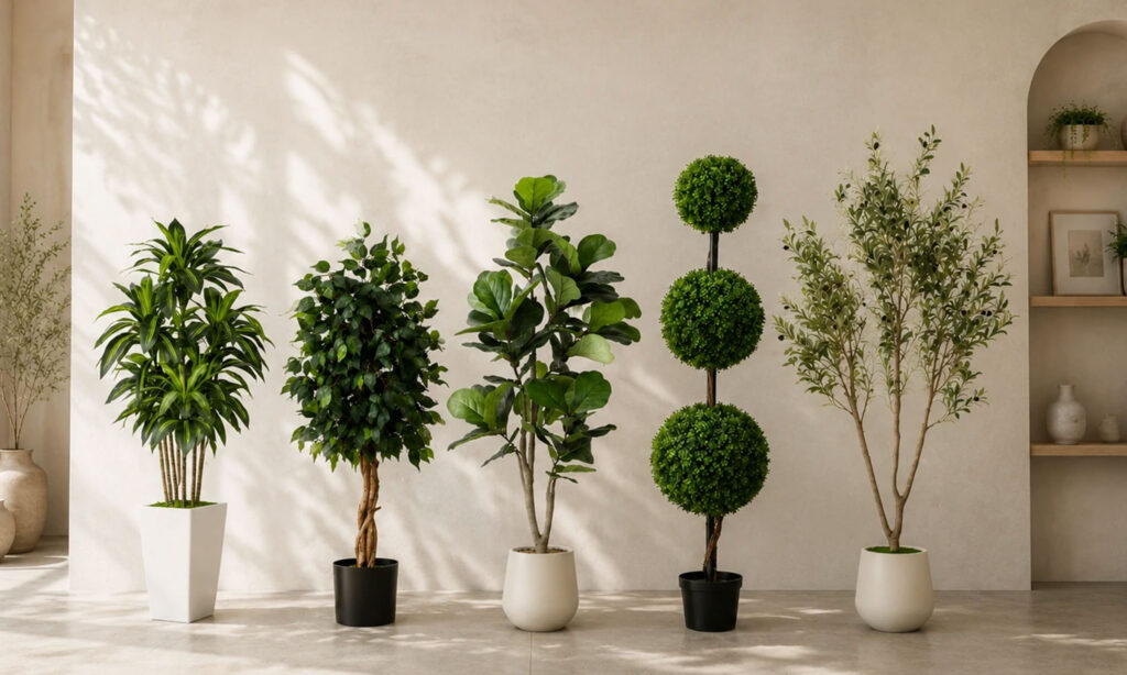 Artificial tree collection, fake topiary ball tree, fiddle leaf fig potted trees for home indoor decor