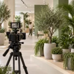Professional camera filming artificial trees and plants in the SimuGreen showroom.