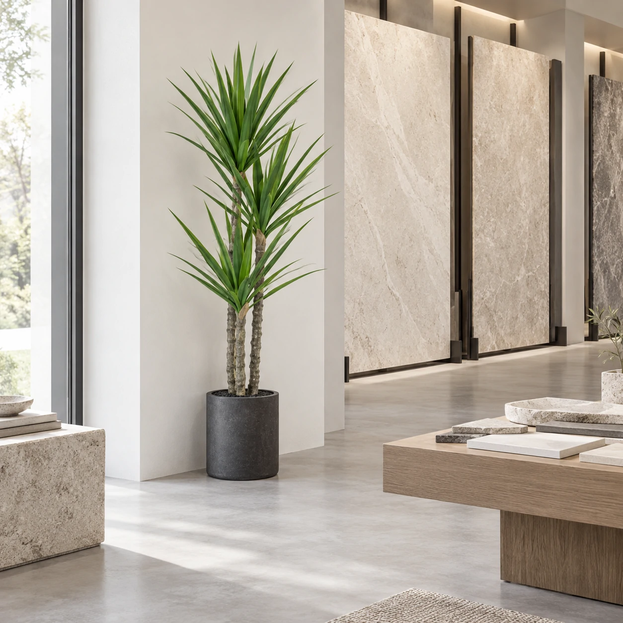 Tall artificial plant with pointed green leaves in a charcoal planter beside stone display panels.