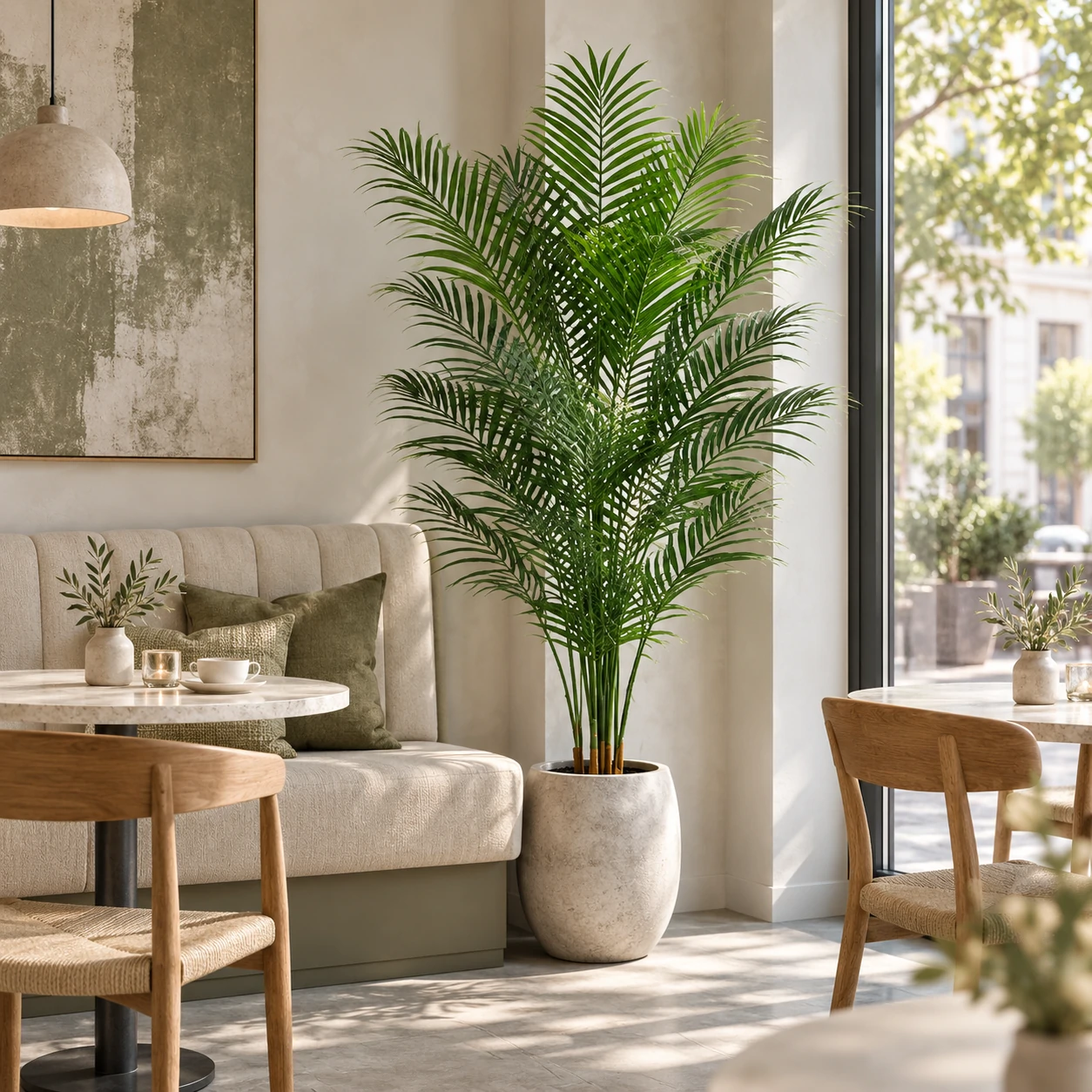 Artificial areca palm in a stone planter beside upholstered cafe seating and a large window.