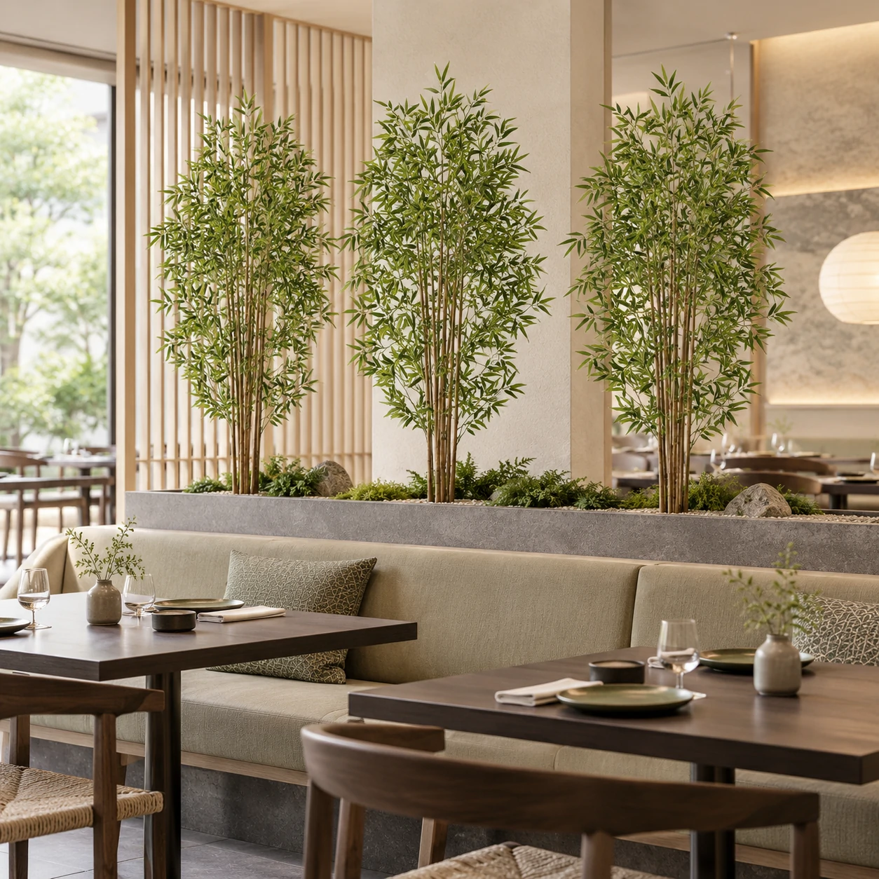 Artificial bamboo trees in a long raised planter behind restaurant banquette seating.