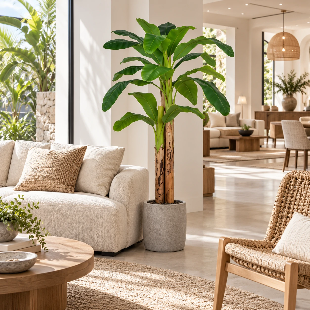 Artificial banana tree in a gray planter beside a cream sofa and woven chair in a furniture showroom.
