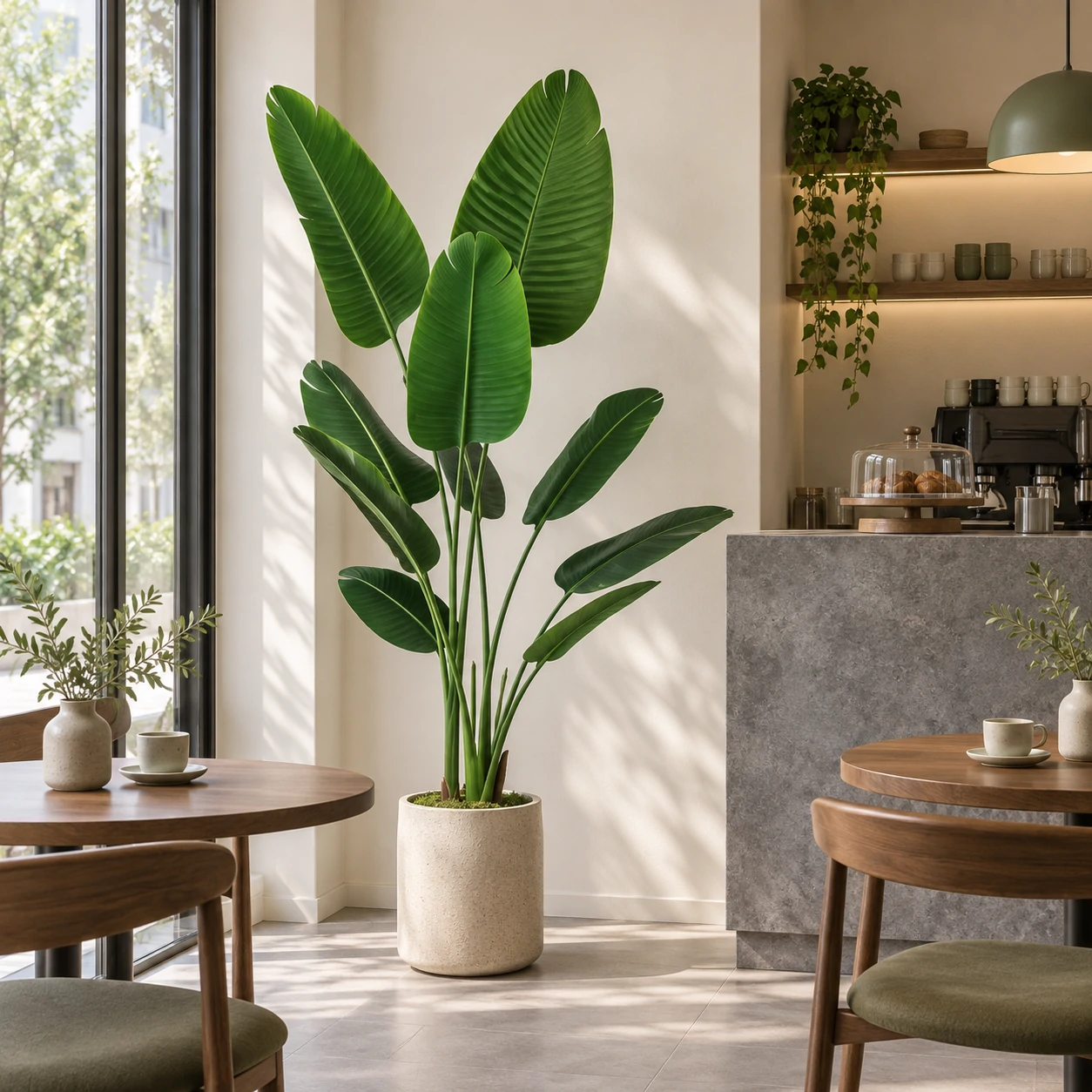 Artificial bird of paradise in a cream planter beside walnut cafe tables and a gray coffee counter.