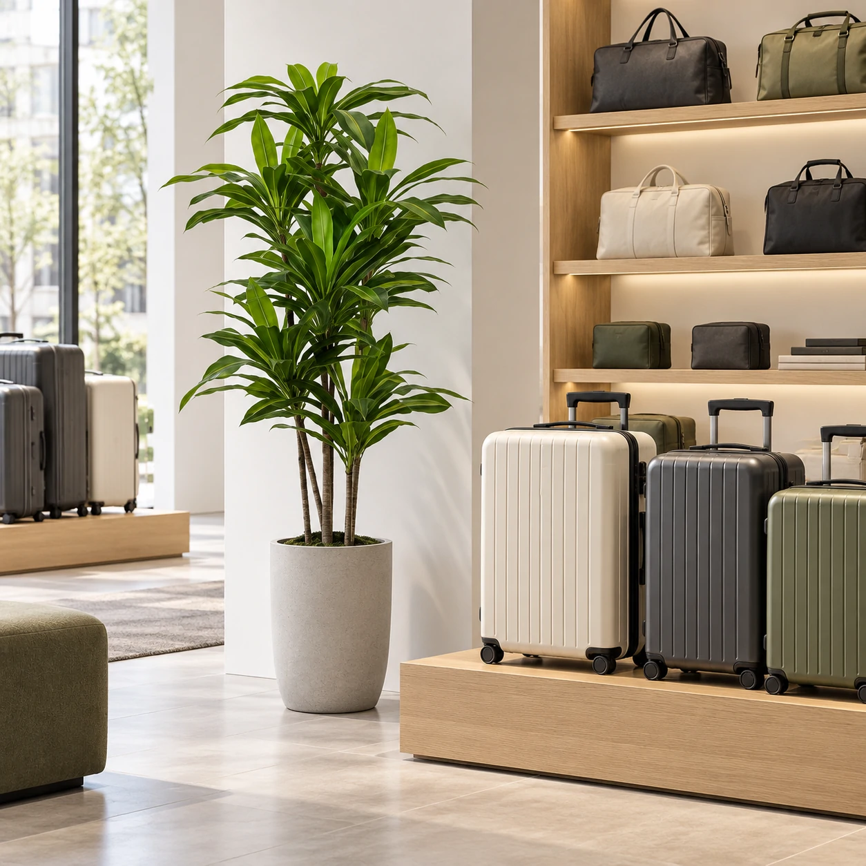 Artificial dracaena in a light gray planter beside suitcases and travel bags in a luggage store.