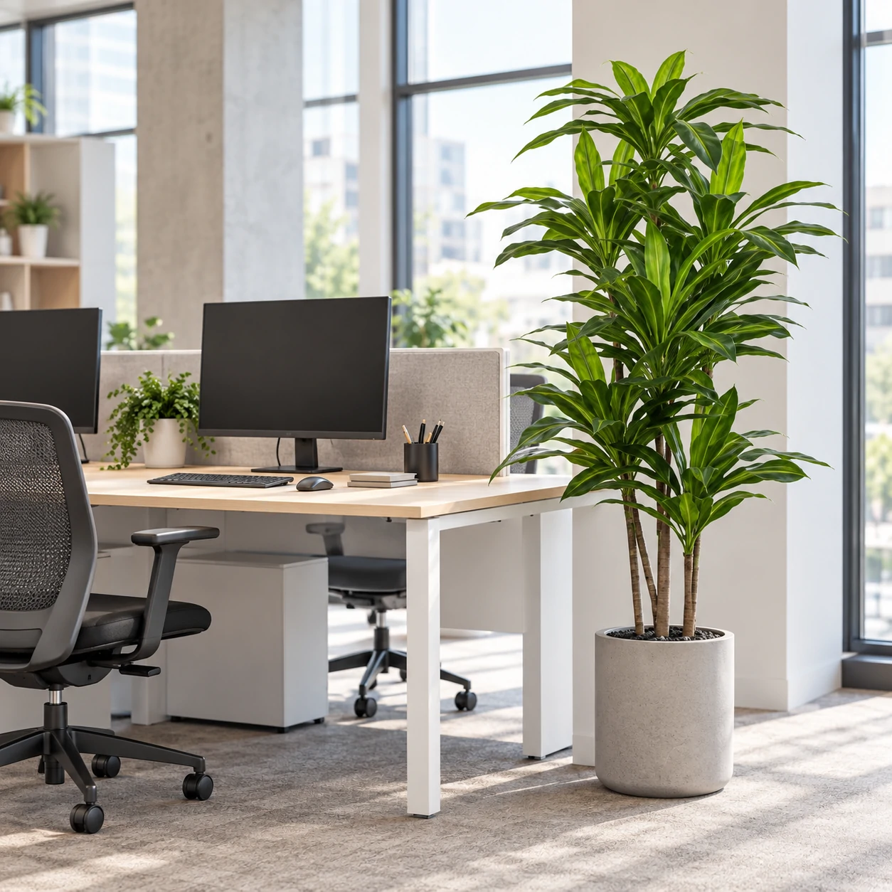 Artificial dracaena in a light gray planter beside office desks and ergonomic chairs.