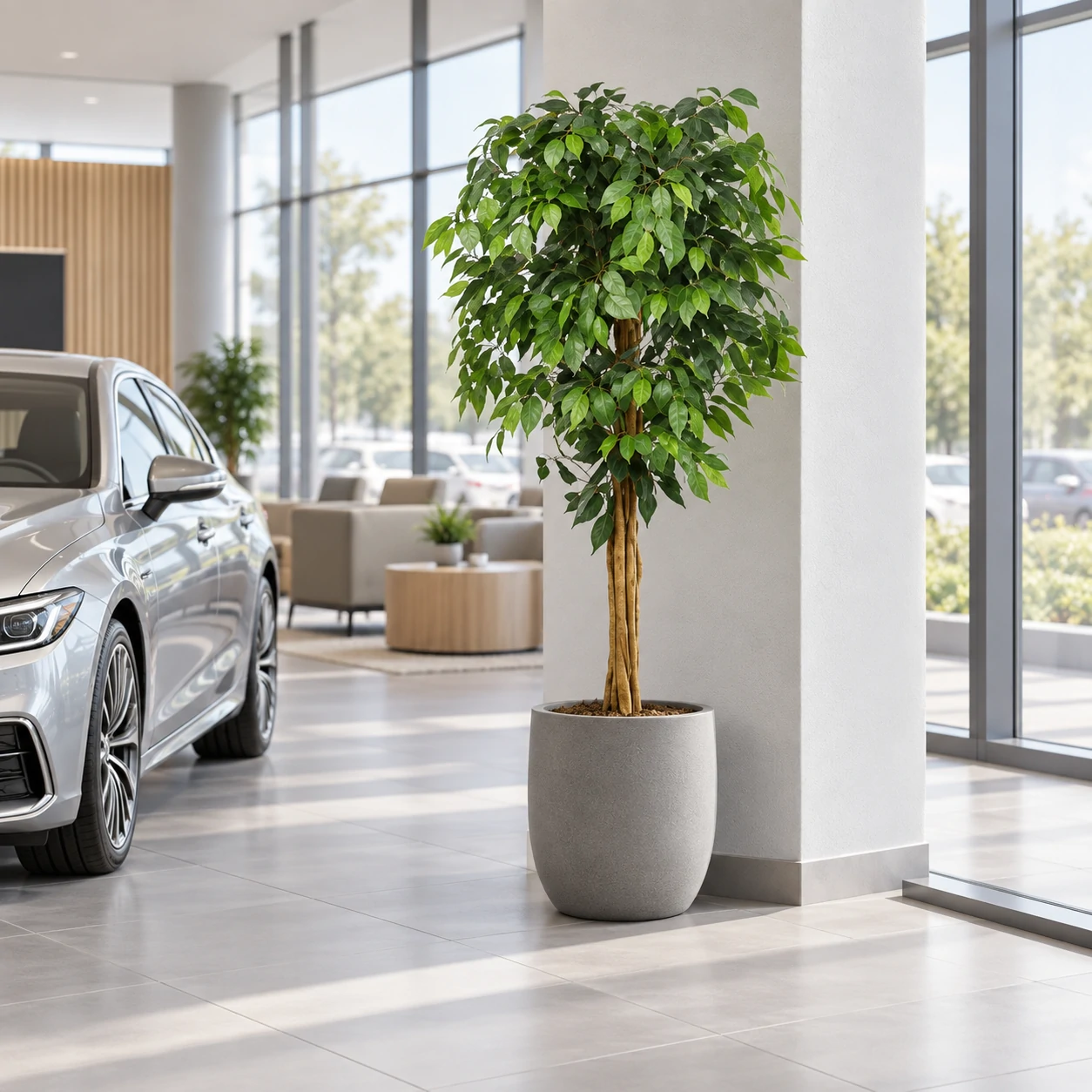 Artificial ficus tree in a gray planter beside a white column and silver car in an automotive showroom.