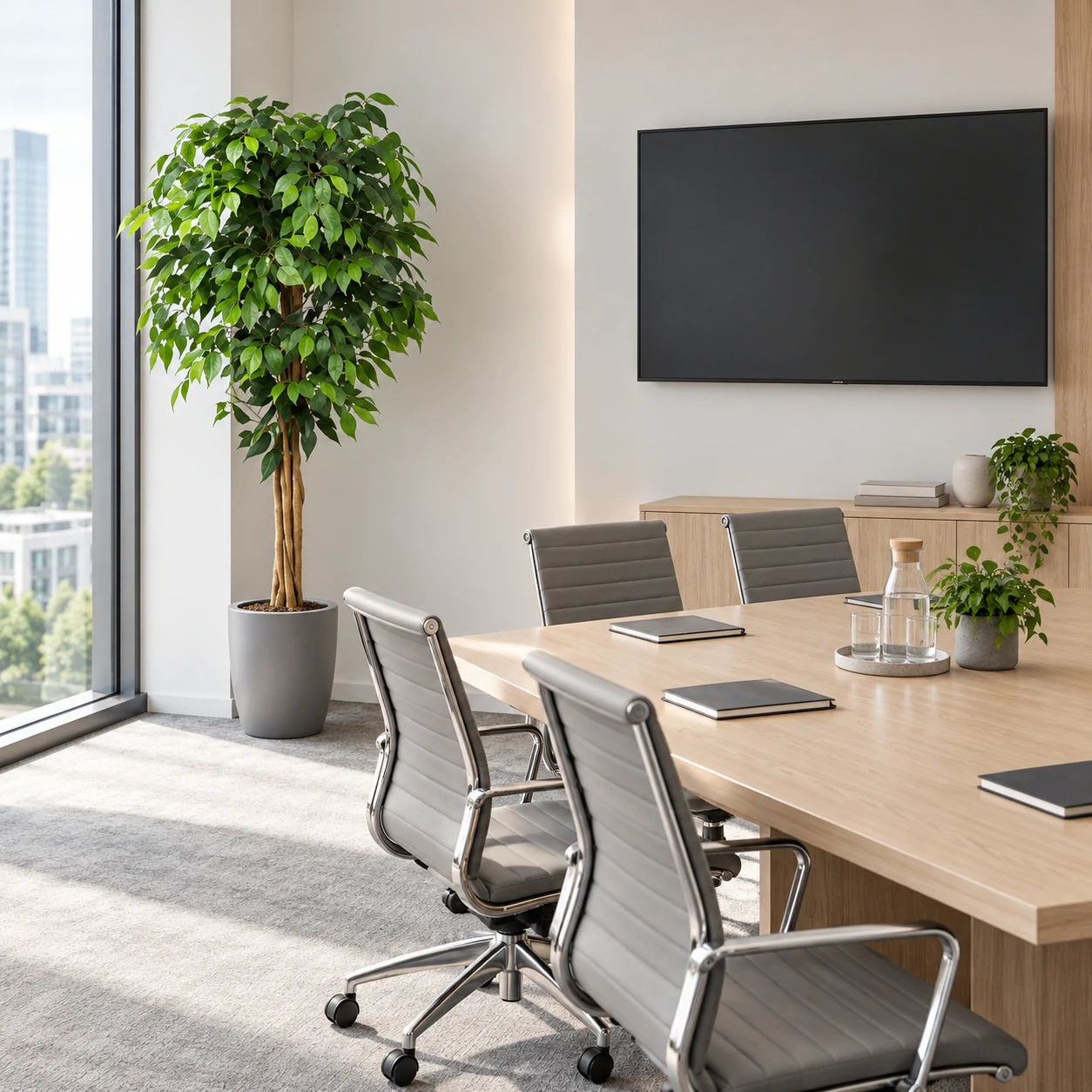 Artificial ficus tree beside a conference table and large window in a modern meeting room.