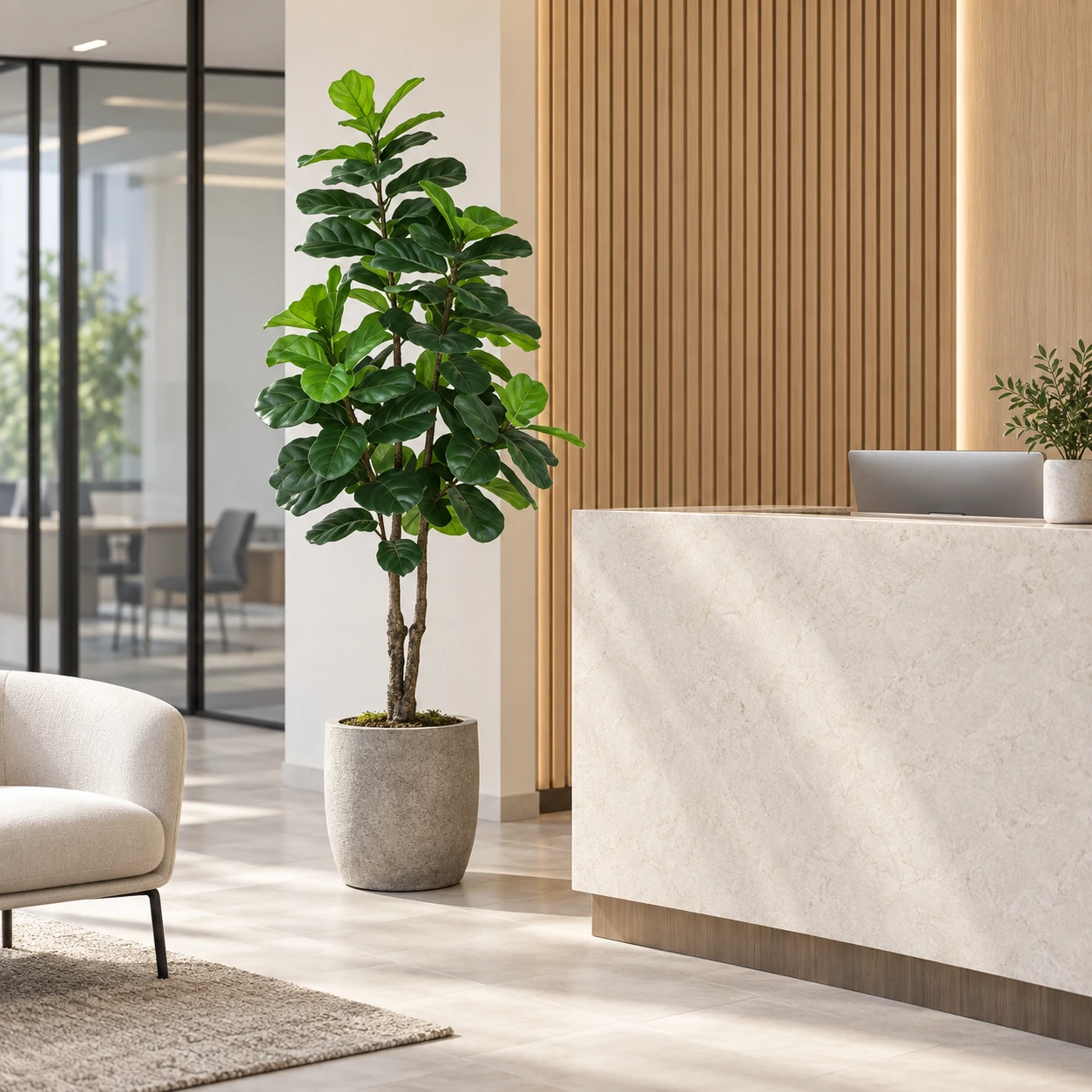 Artificial fiddle leaf fig in a gray planter beside a stone office reception desk.