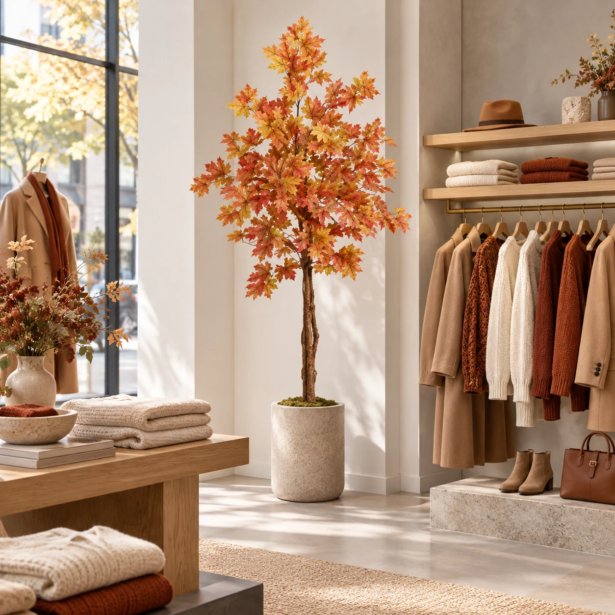 Artificial maple tree with orange and golden leaves beside coats and knitwear in a clothing boutique.