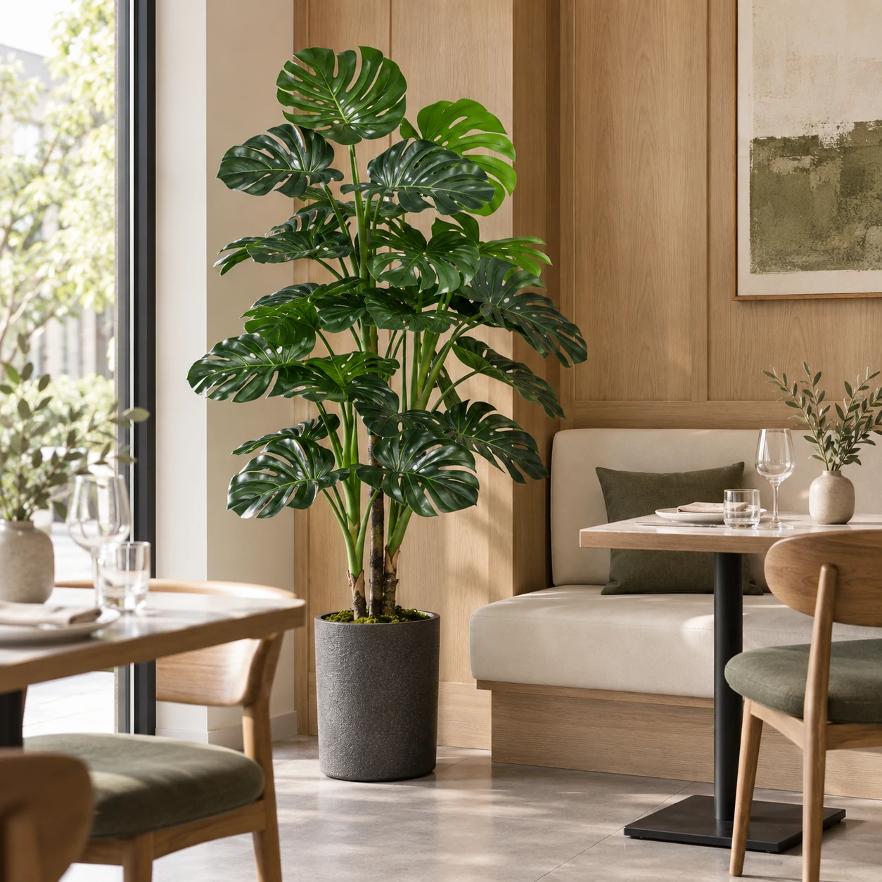 all artificial monstera in a charcoal planter beside cream restaurant seating and oak wall panels.