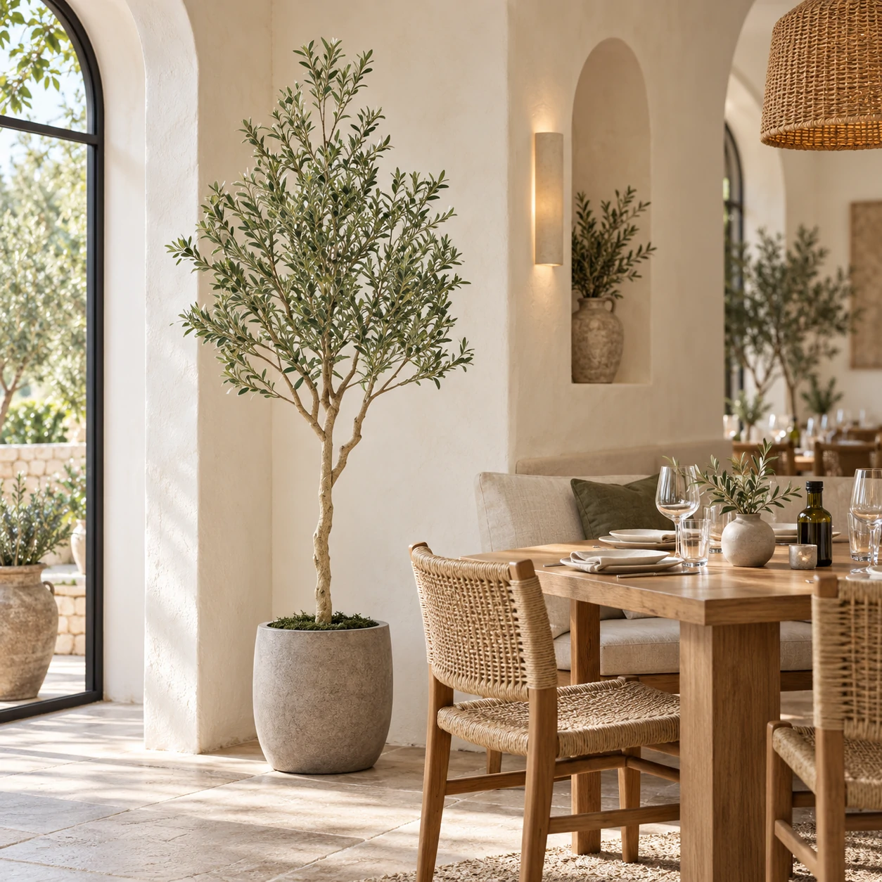 Artificial olive tree in a stone planter beside wooden dining furniture in a Mediterranean-style restaurant.
