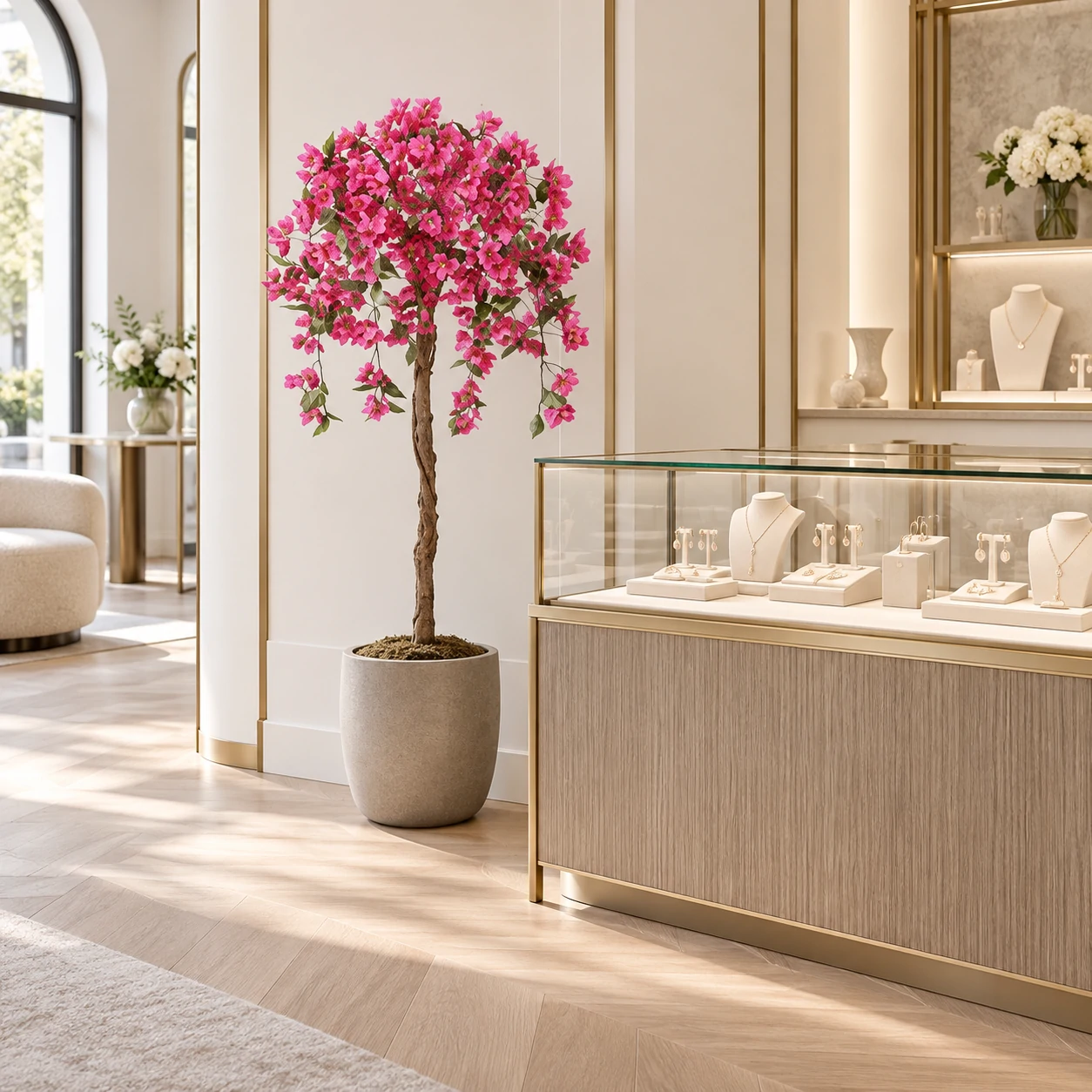 Artificial pink flowering tree in a stone planter beside a glass jewelry display counter.