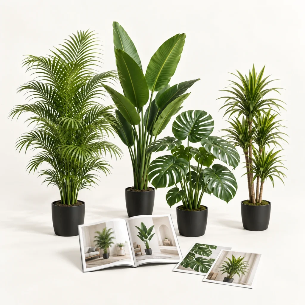 SimuGreen artificial Areca Palm, Bird of Paradise, Monstera and Dracaena with product catalog.