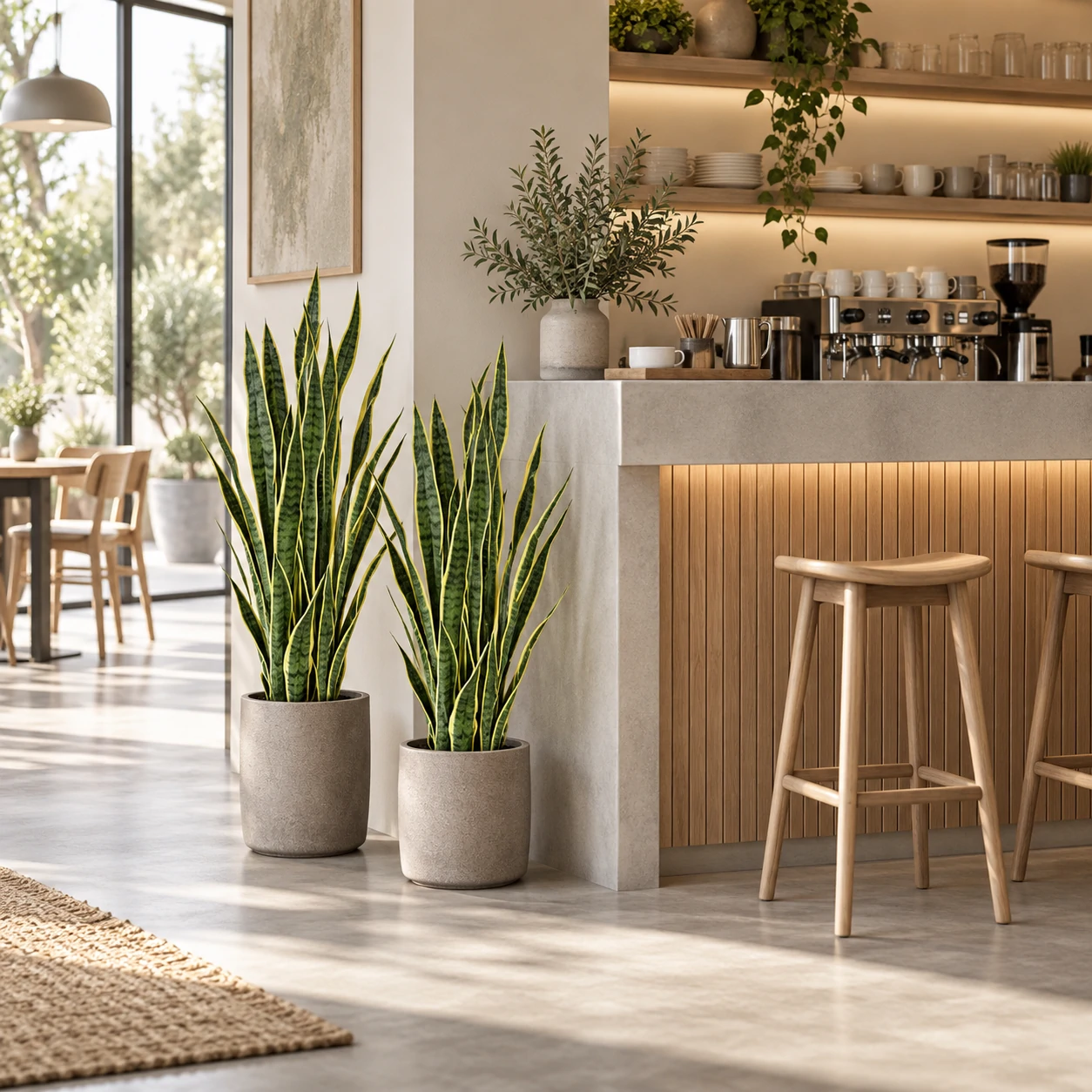 Two artificial snake plants in gray pots beside a coffee counter with a wooden front.