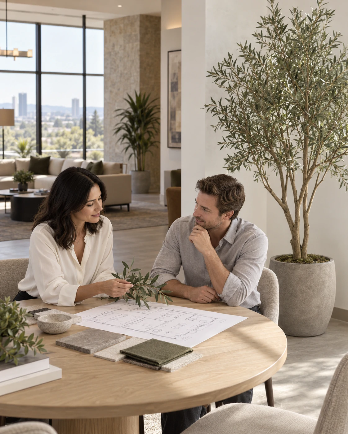 Designers reviewing foliage samples and floor plans beside an artificial olive tree in a commercial interior.